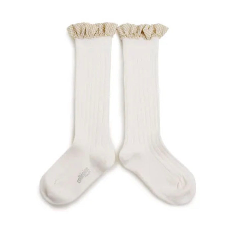 Collegien Knee High Socks with Gingham Frill Blanc Neige
