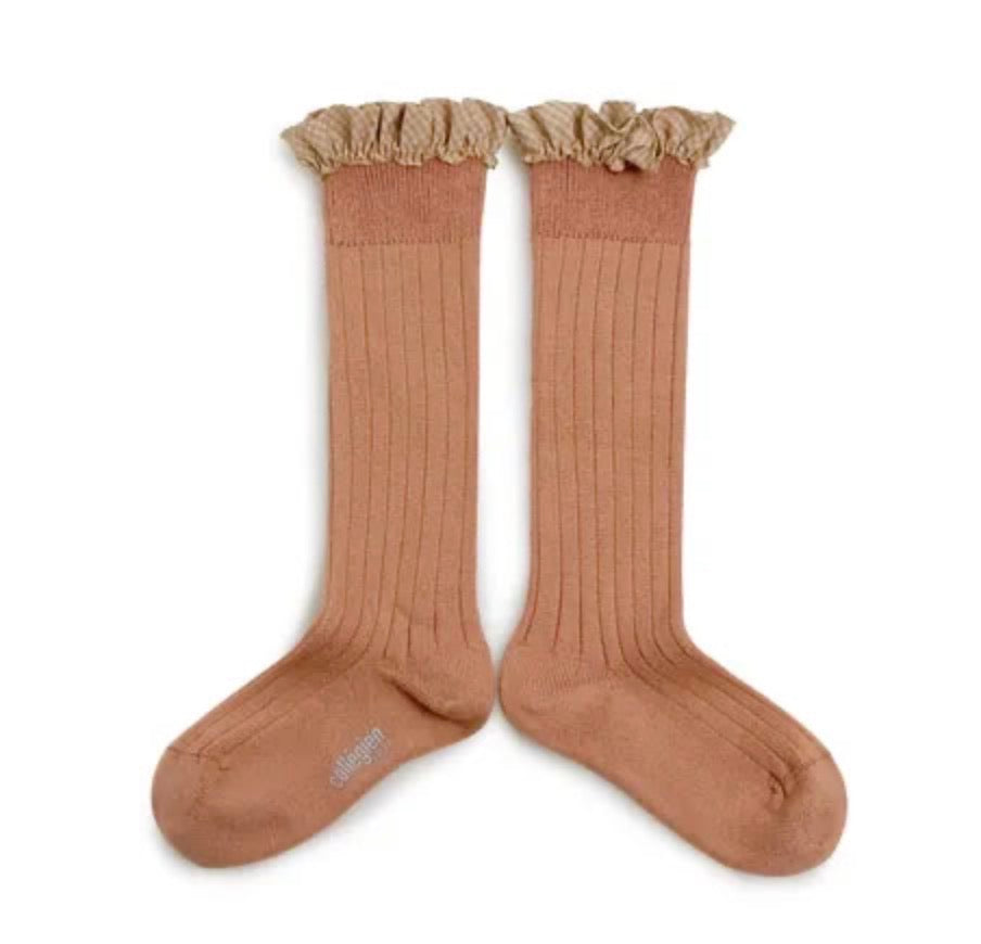 Collegien Knee High Socks with Gingham Frill Rose