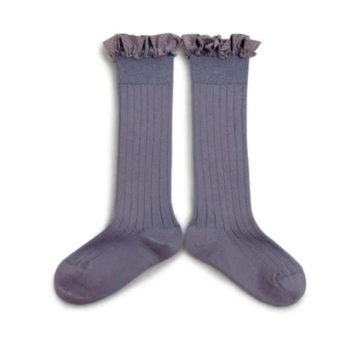 Collegien Knee High Socks with Gingham Frill Lavender
